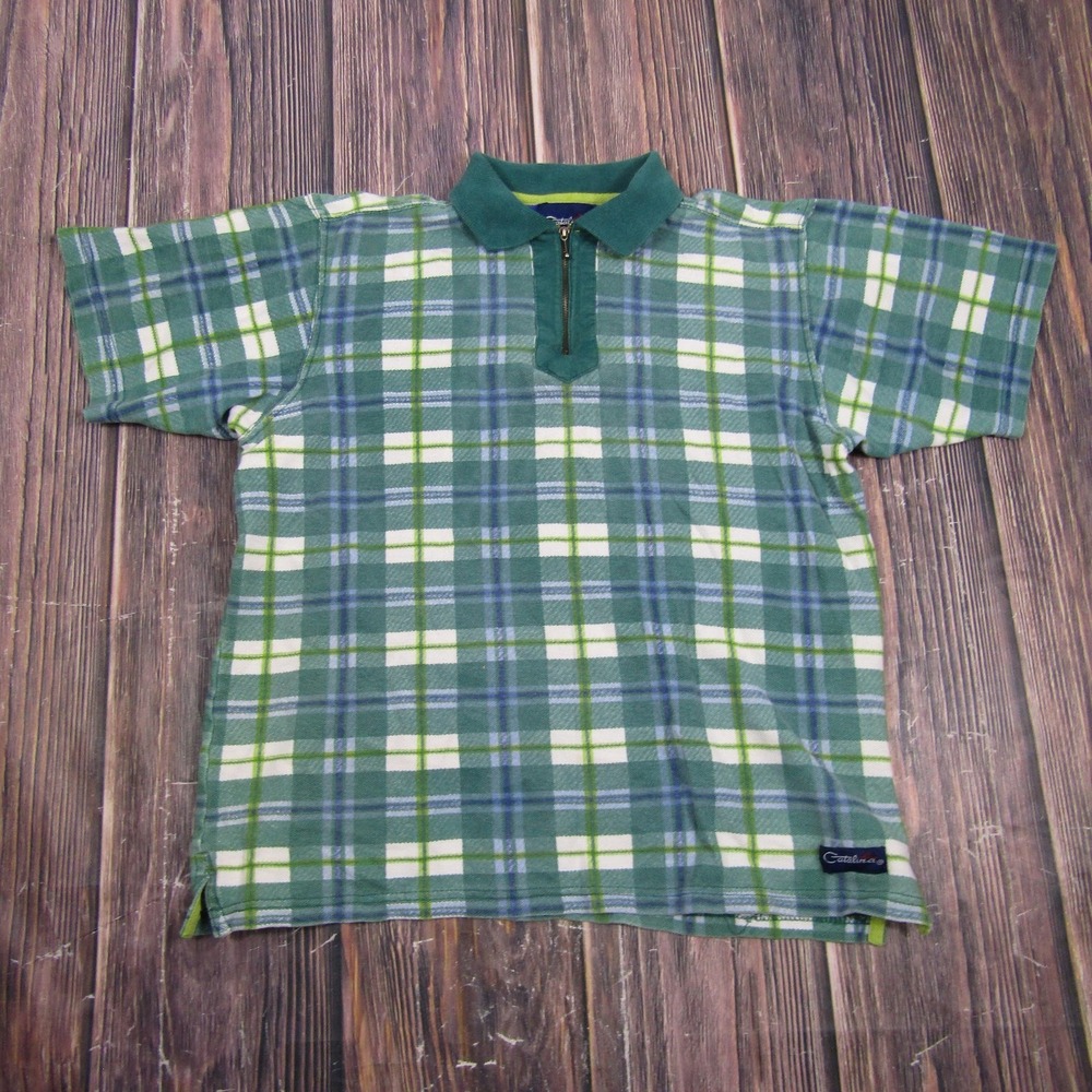 Catalina Unisex Medium Green Plaid Flannel Polo Zip Collar Short Sleeve